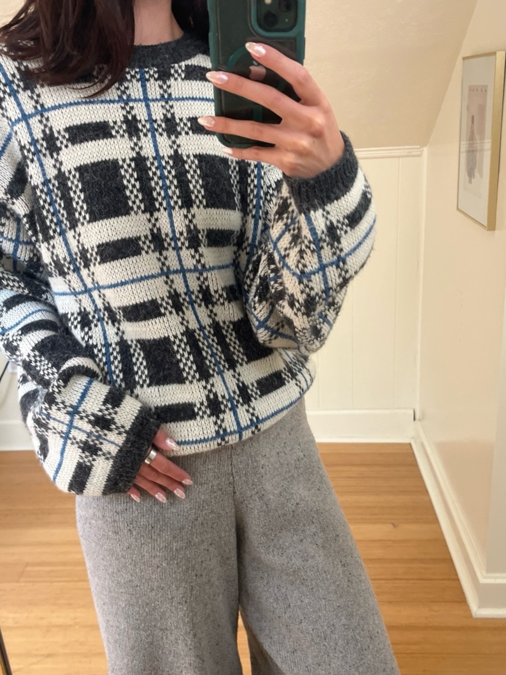Vintage Plaid Knit Crewneck Sweater in Black, White & Blue